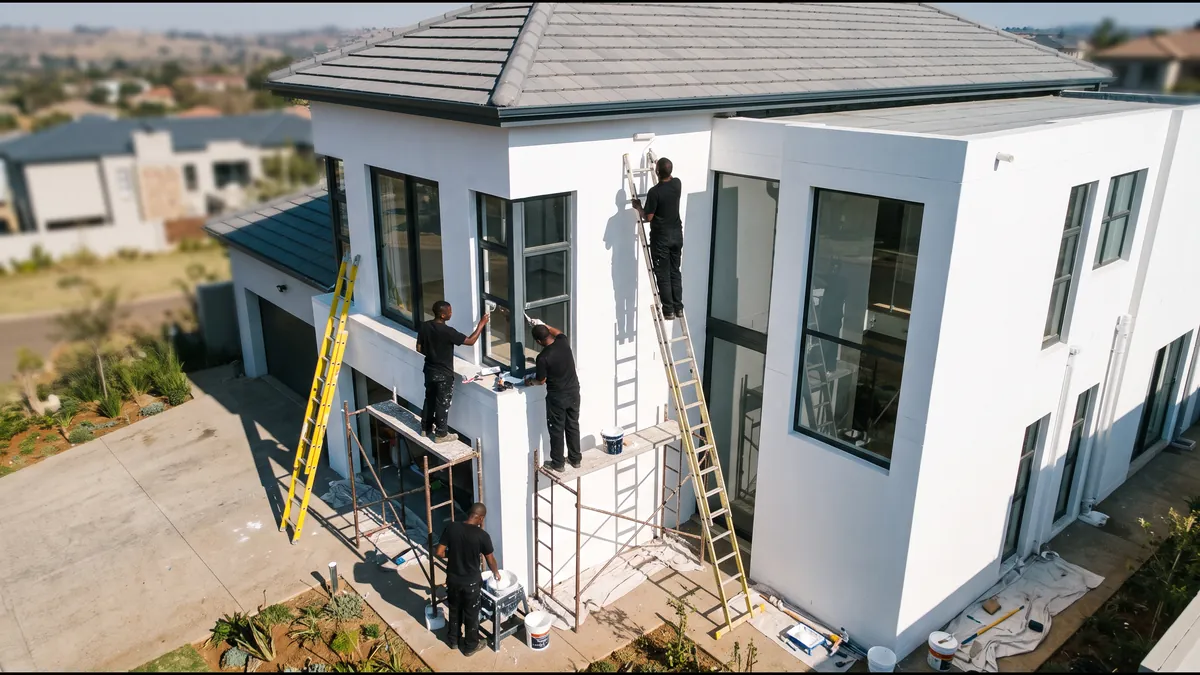 House Painters Pretoria - painters on ladders and scaffolding applying white paint to the exterior of a double-storey house House Painters Pretoria - painters on ladders and scaffolding applying white paint to the exterior of a double-storey house
